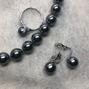 set: Carolee Faux Black Pearl 18" necklace & clasp earrings and QVC 375 ring